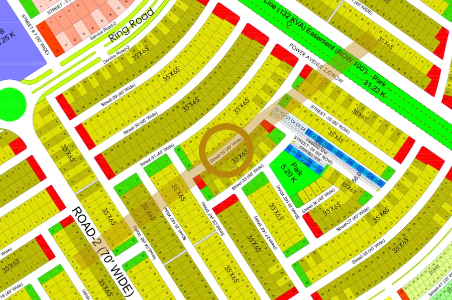 Street 32 in the South sector on the Margalla Enclave master plan, marked with a ring