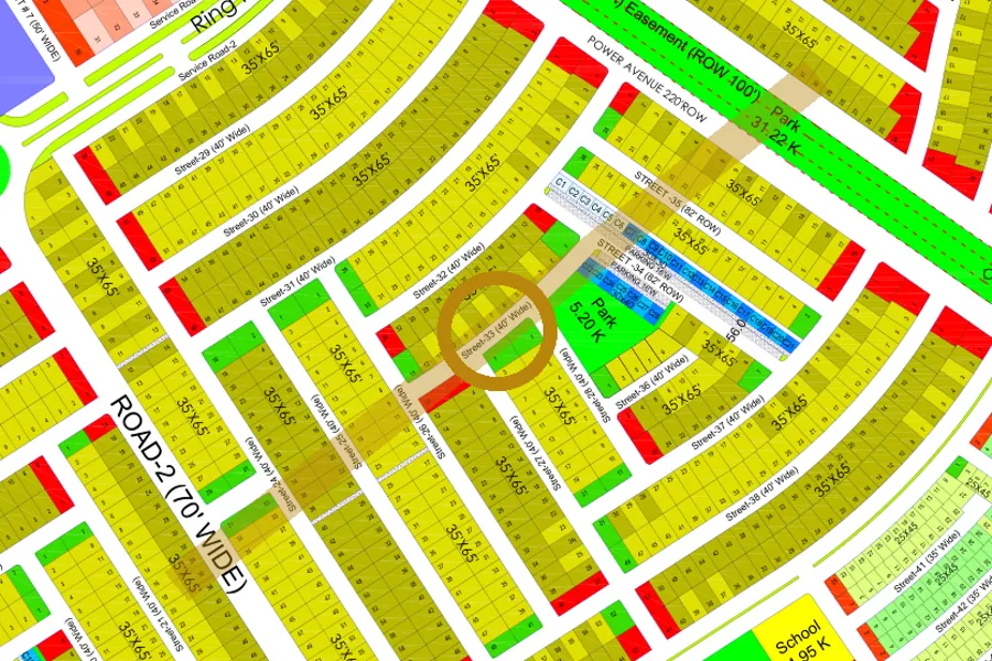 Street 33 in the South sector on the Margalla Enclave master plan, marked with a ring