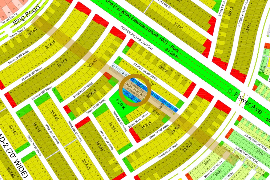 Street 34 in the South sector on the Margalla Enclave master plan, marked with a ring