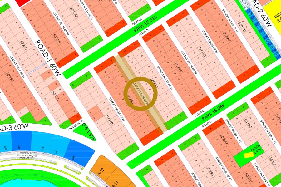 Street 36 in the North-East sector on the Margalla Enclave master plan, marked with a ring