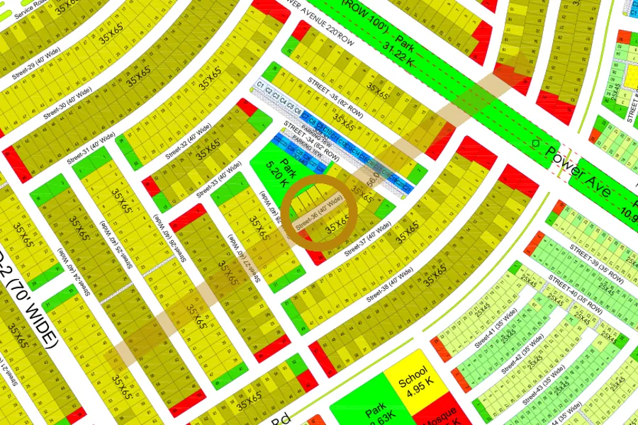Street 36 in the South sector on the Margalla Enclave master plan, marked with a ring