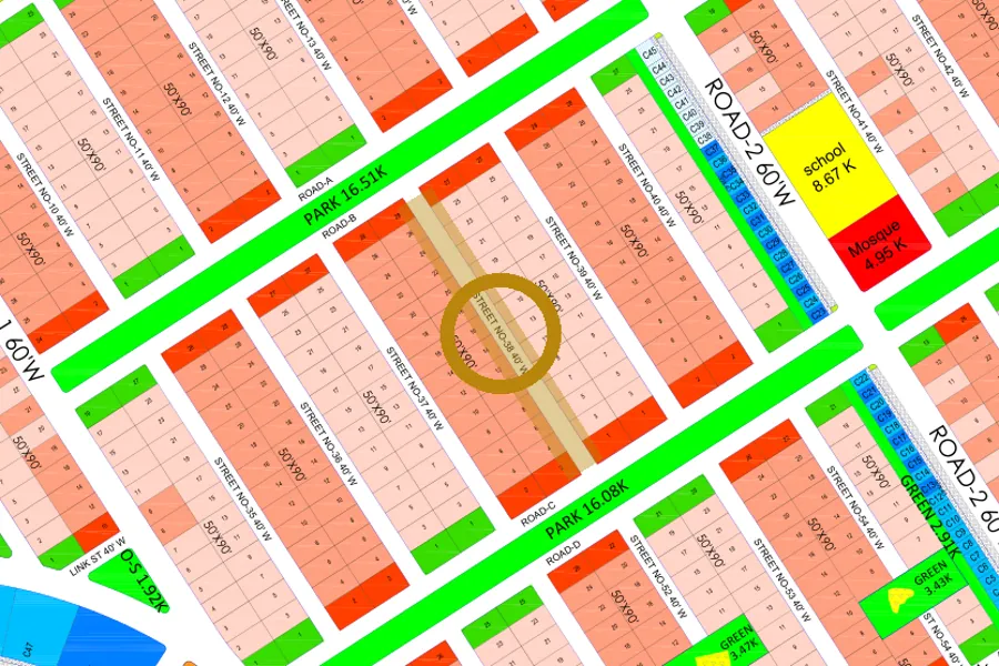 Street 38 in the North-East sector on the Margalla Enclave master plan, marked with a ring