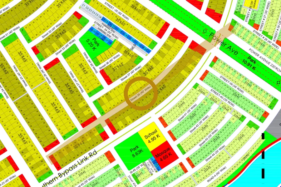 Street 38 in the South sector on the Margalla Enclave master plan, marked with a ring