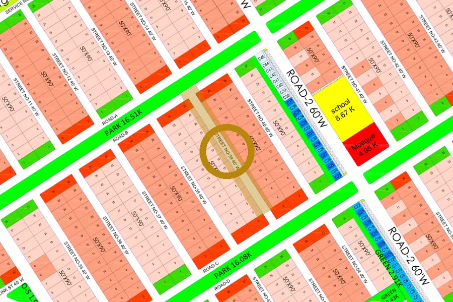 Street 39 in the North-East sector on the Margalla Enclave master plan, marked with a ring