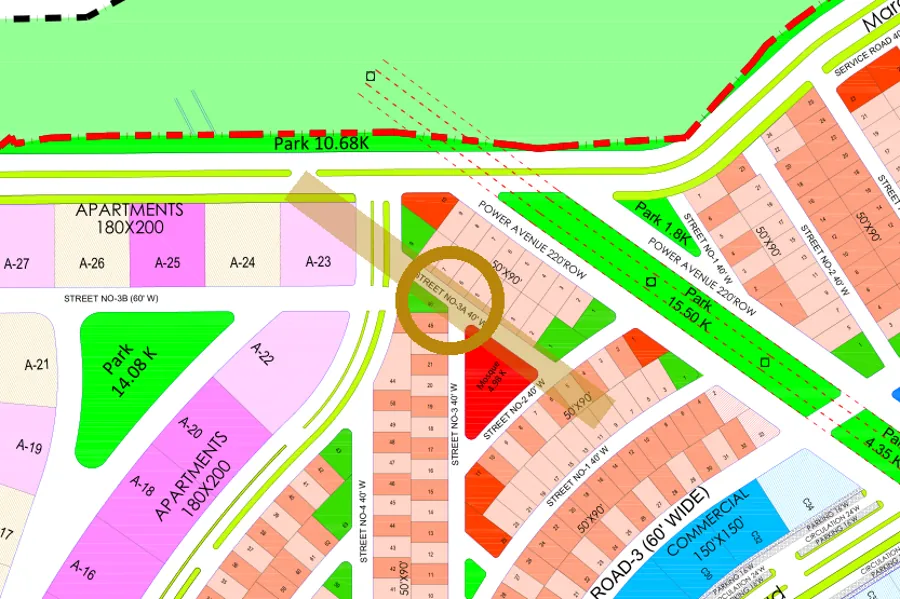 Street 3A in the North-East sector on the Margalla Enclave master plan, marked with a ring