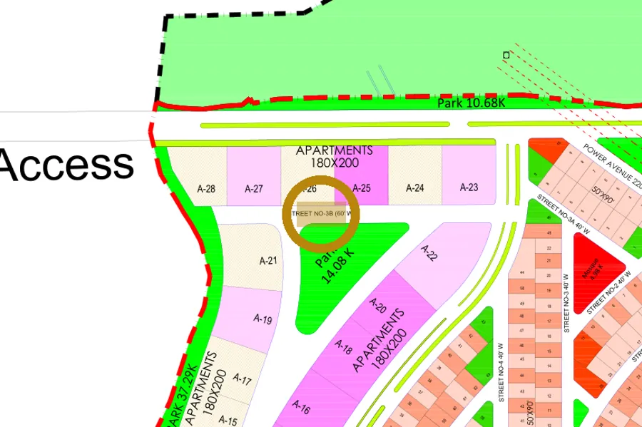 Street 3B in the West sector on the Margalla Enclave master plan, marked with a ring