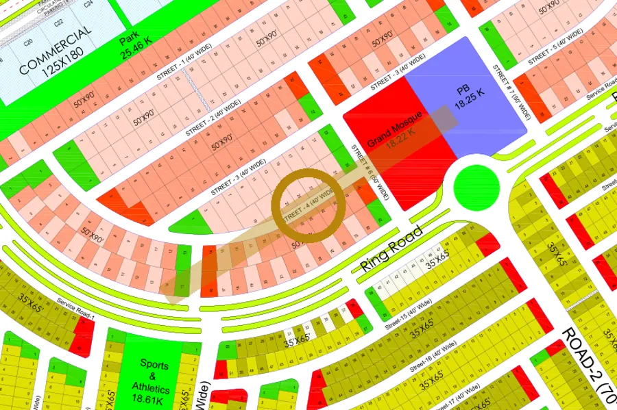Street 4 in the Lake West sector on the Margalla Enclave master plan, marked with a ring