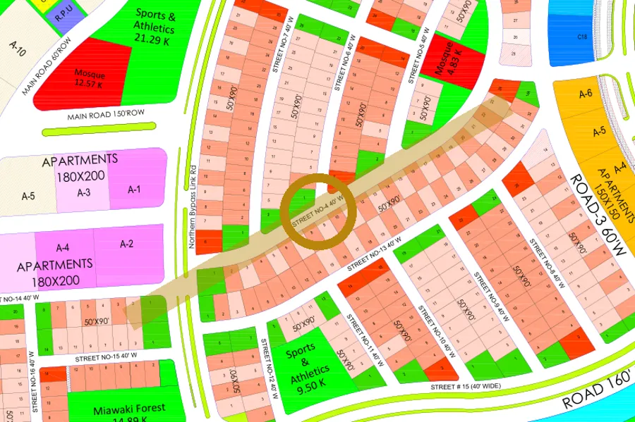 Street 4 in the West sector on the Margalla Enclave master plan, marked with a ring