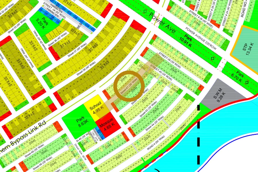 Street 41 in the South-East sector on the Margalla Enclave master plan, marked with a ring