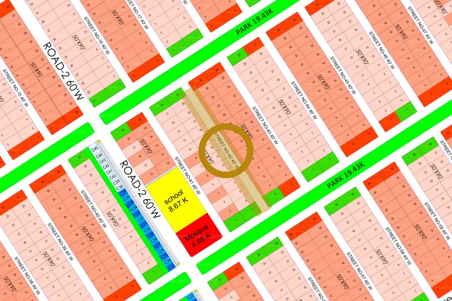 Street 42 in the North-East sector on the Margalla Enclave master plan, marked with a ring