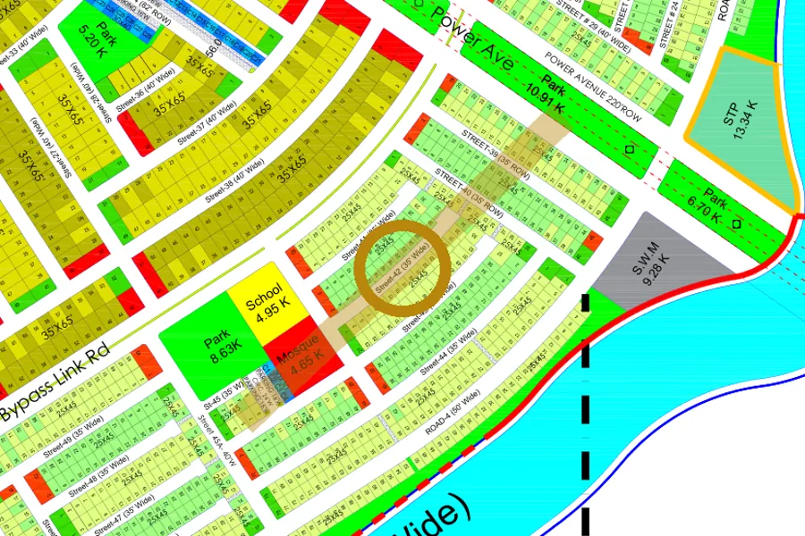 Street 42 in the South-East sector on the Margalla Enclave master plan, marked with a ring