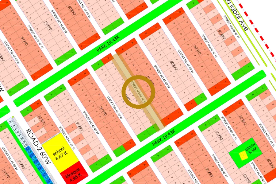 Street 44 in the North-East sector on the Margalla Enclave master plan, marked with a ring