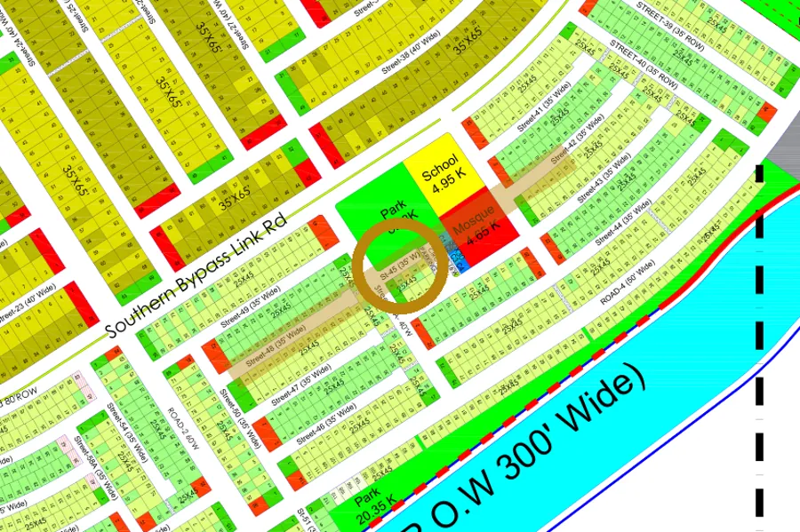 Street 45 in the South-East sector on the Margalla Enclave master plan, marked with a ring