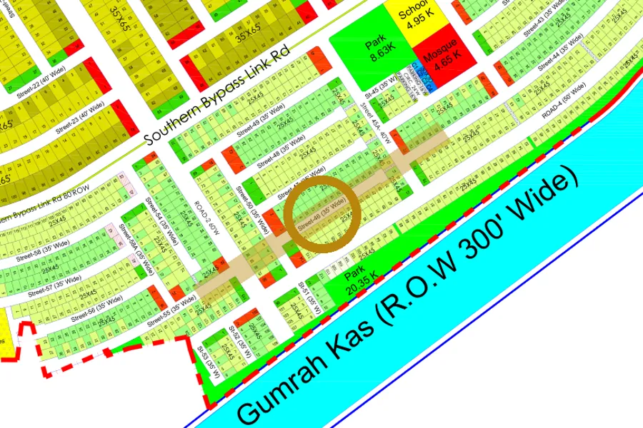 Street 46 in the South-East sector on the Margalla Enclave master plan, marked with a ring
