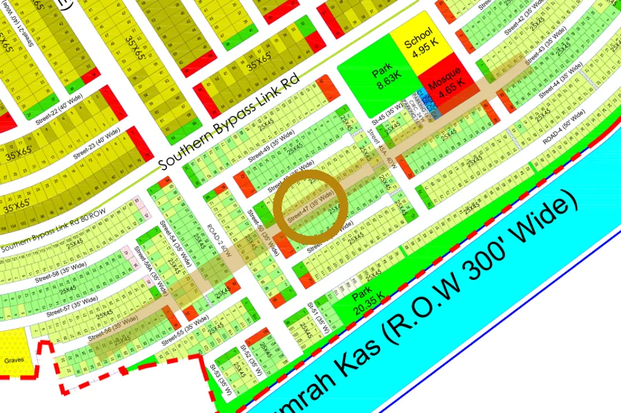 Street 47 in the South-East sector on the Margalla Enclave master plan, marked with a ring