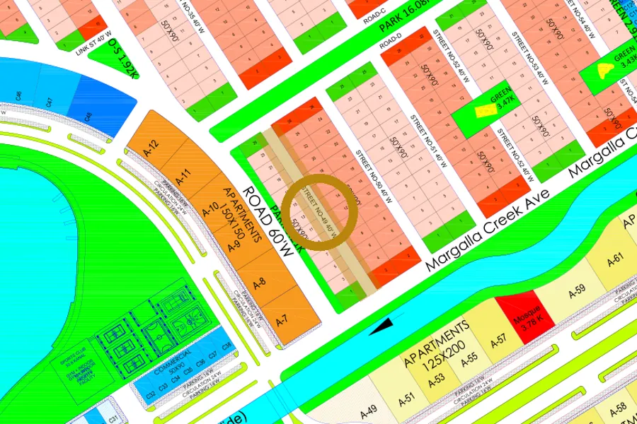 Street 49 in the North-East sector on the Margalla Enclave master plan, marked with a ring