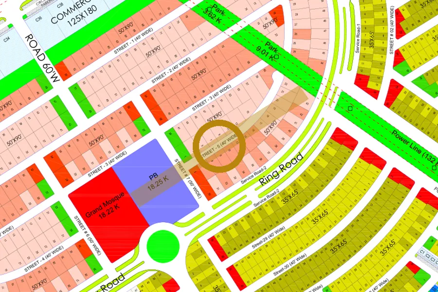 Street 5 in the Lake East sector on the Margalla Enclave master plan, marked with a ring