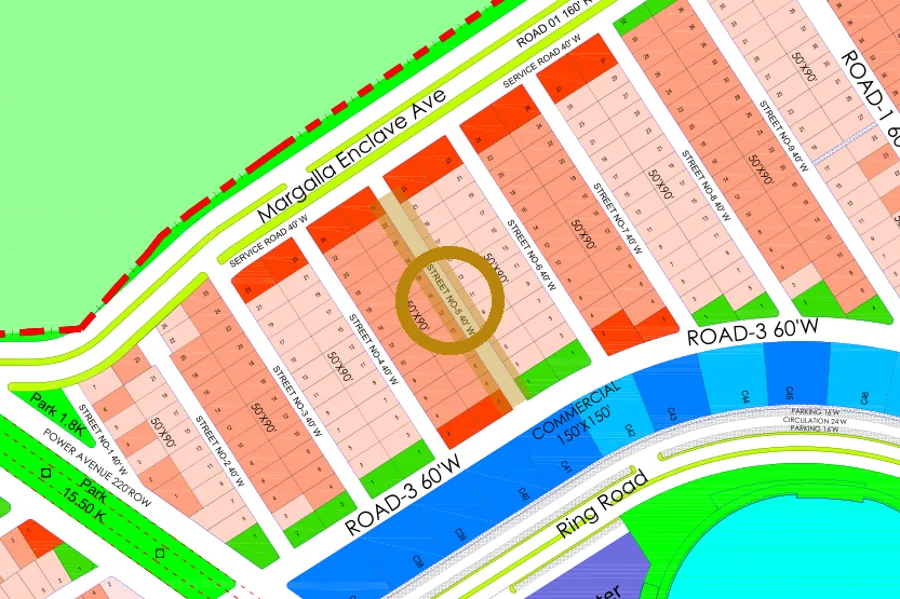 Street 5 in the North-East sector on the Margalla Enclave master plan, marked with a ring