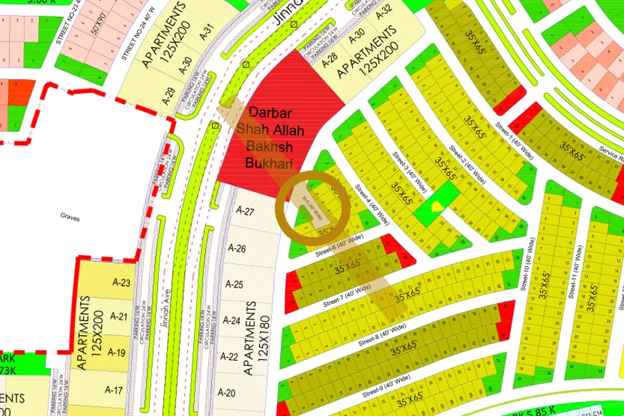 Street 5 in the South-West sector on the Margalla Enclave master plan, marked with a ring
