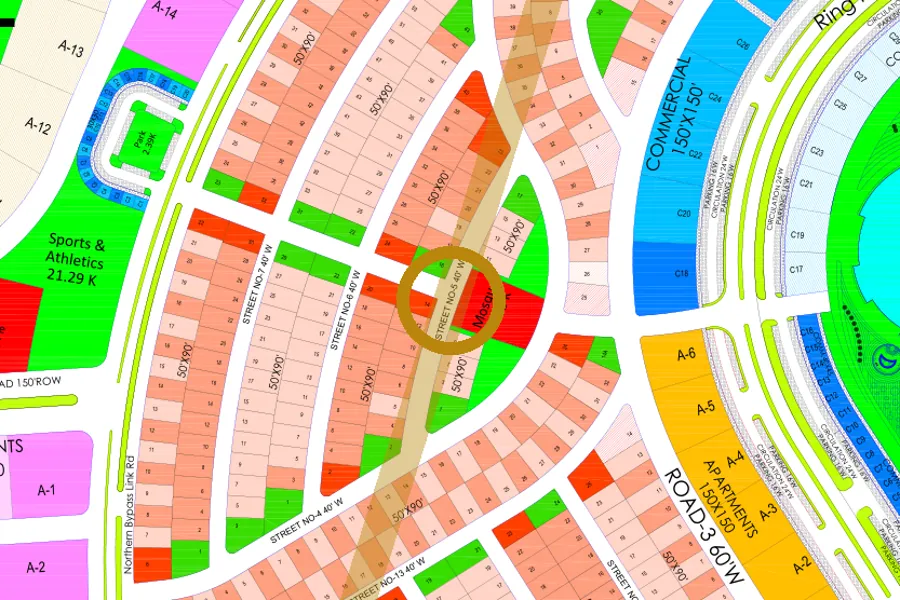 Street 5 in the West sector on the Margalla Enclave master plan, marked with a ring