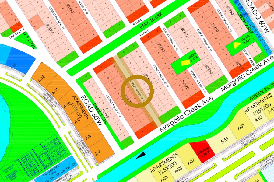 Street 50 in the North-East sector on the Margalla Enclave master plan, marked with a ring