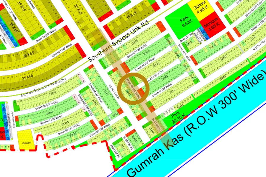 Street 50 in the South-East sector on the Margalla Enclave master plan, marked with a ring