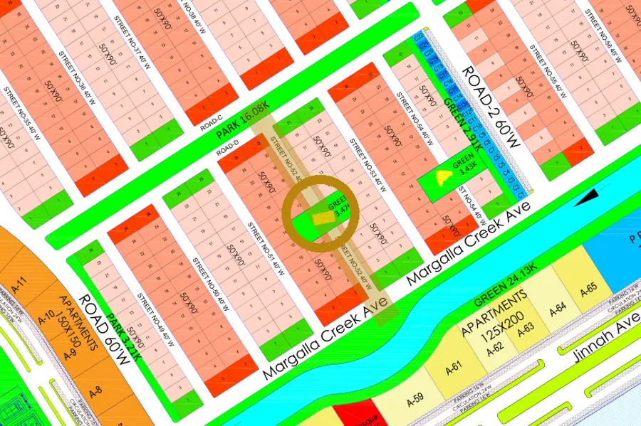Street 52 in the North-East sector on the Margalla Enclave master plan, marked with a ring