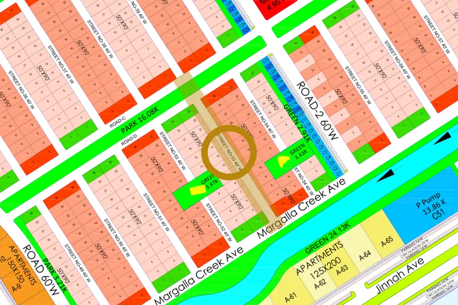 Street 53 in the North-East sector on the Margalla Enclave master plan, marked with a ring