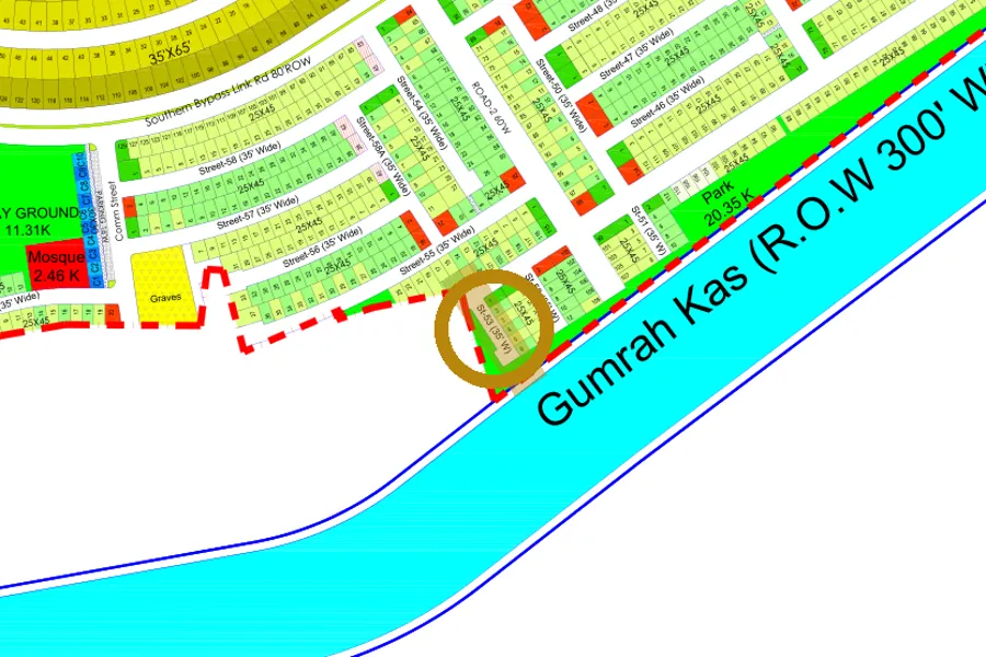 Street 53 in the South-East sector on the Margalla Enclave master plan, marked with a ring