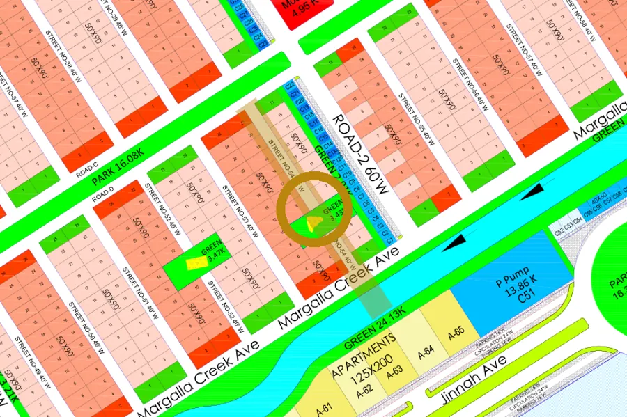 Street 54 in the North-East sector on the Margalla Enclave master plan, marked with a ring