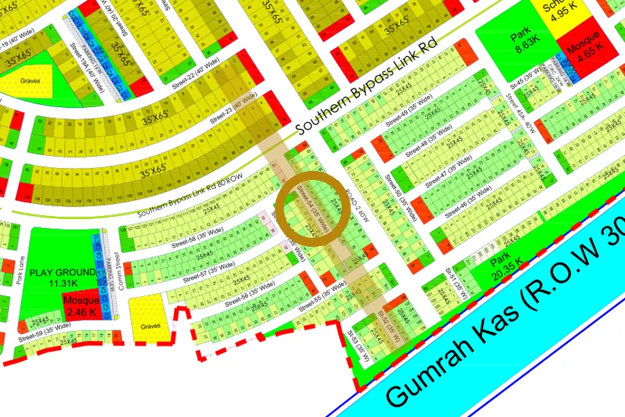 Street 54 in the South-East sector on the Margalla Enclave master plan, marked with a ring