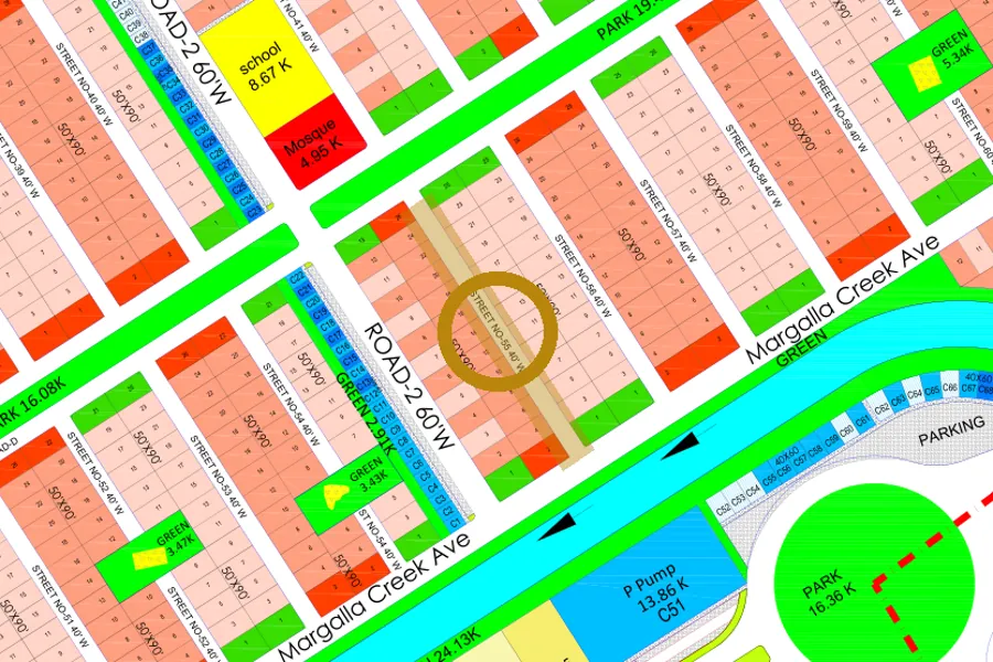 Street 55 in the North-East sector on the Margalla Enclave master plan, marked with a ring