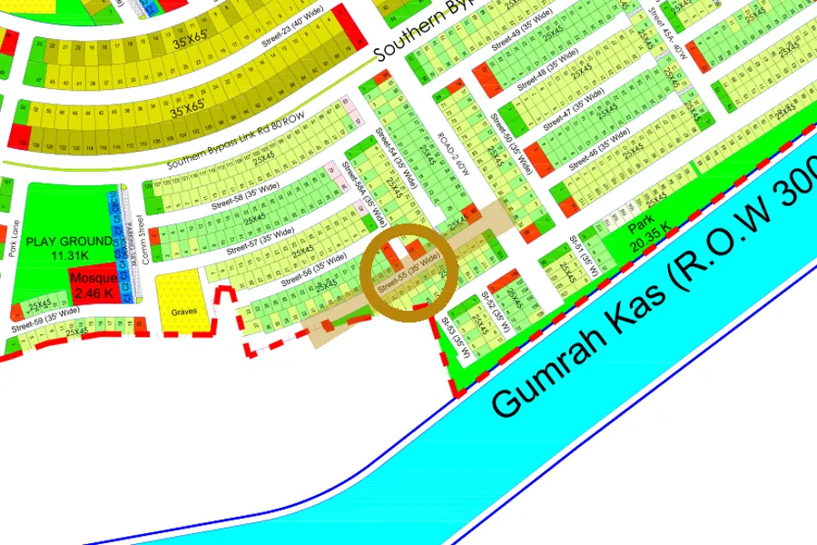 Street 55 in the South-East sector on the Margalla Enclave master plan, marked with a ring