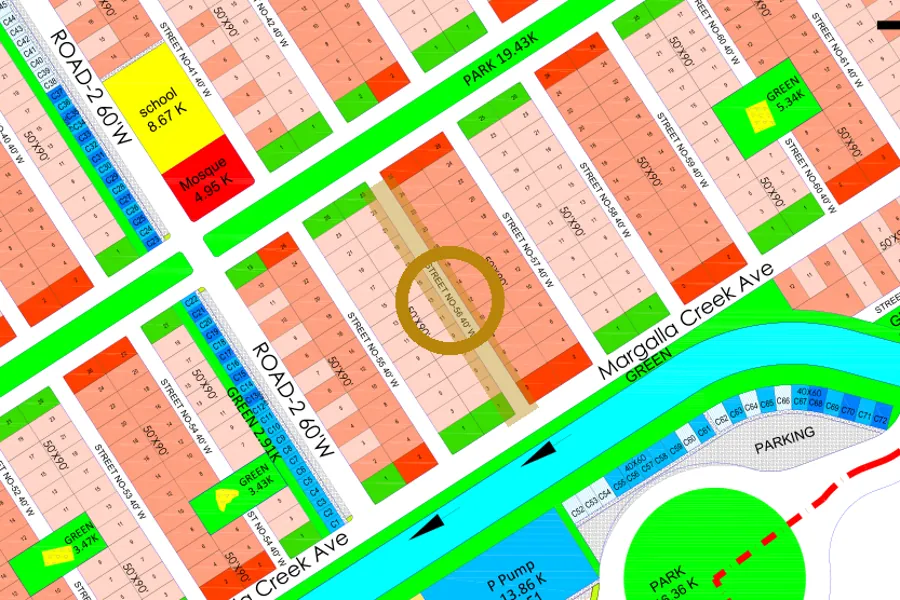 Street 56 in the North-East sector on the Margalla Enclave master plan, marked with a ring