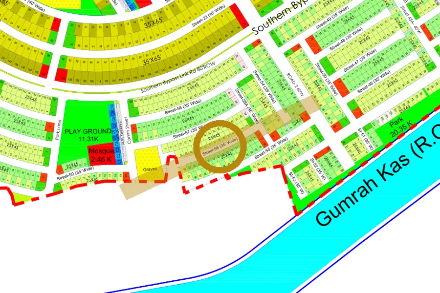 Street 56 in the South-East sector on the Margalla Enclave master plan, marked with a ring