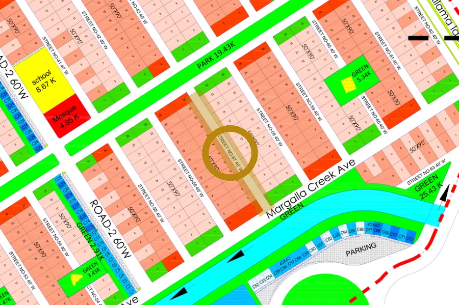 Street 57 in the North-East sector on the Margalla Enclave master plan, marked with a ring