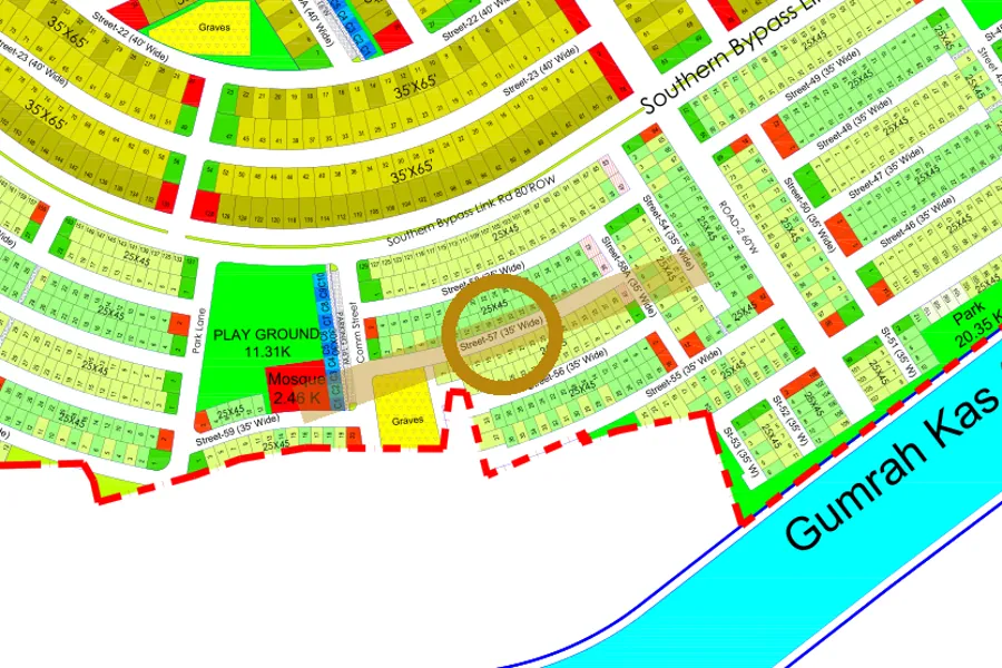 Street 57 in the South-East sector on the Margalla Enclave master plan, marked with a ring