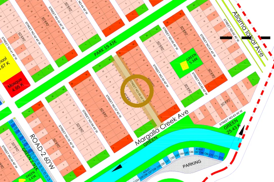 Street 58 in the North-East sector on the Margalla Enclave master plan, marked with a ring