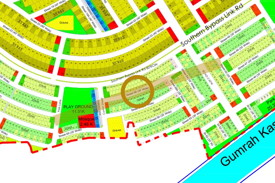Street 58 in the South-East sector on the Margalla Enclave master plan, marked with a ring