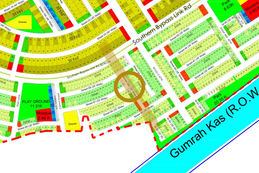 Street 58A in the South-East sector on the Margalla Enclave master plan, marked with a ring