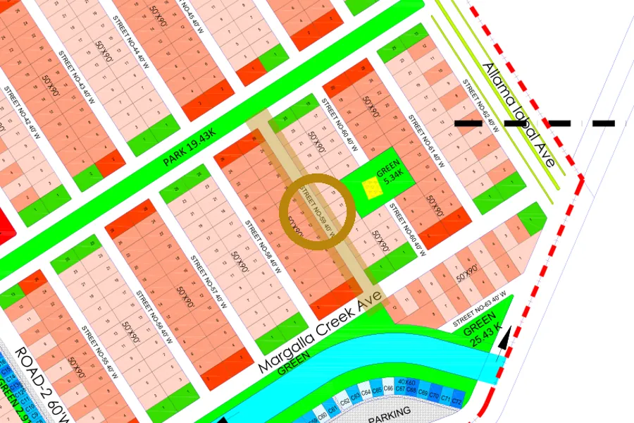 Street 59 in the North-East sector on the Margalla Enclave master plan, marked with a ring