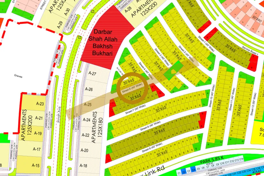 Street 6 in the South-West sector on the Margalla Enclave master plan, marked with a ring