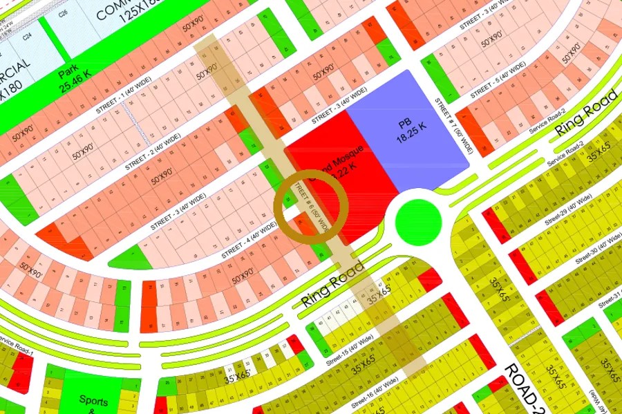 Street 6 in the South sector on the Margalla Enclave master plan, marked with a ring