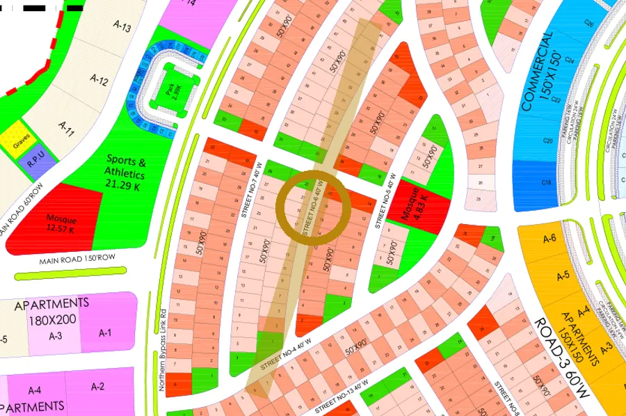 Street 6 in the West sector on the Margalla Enclave master plan, marked with a ring