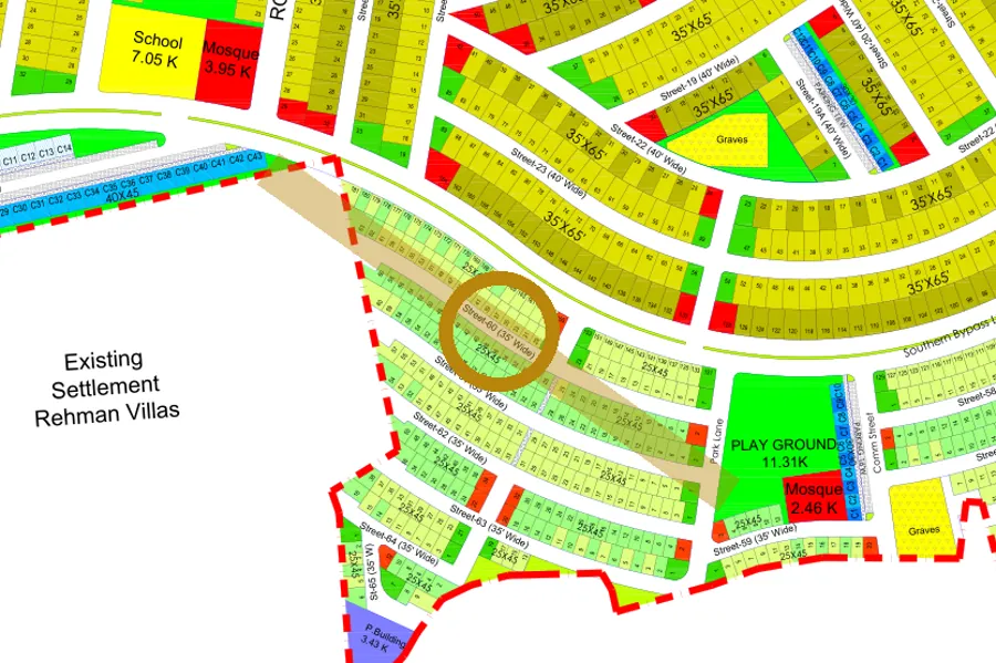 Street 60 in the South-East sector on the Margalla Enclave master plan, marked with a ring