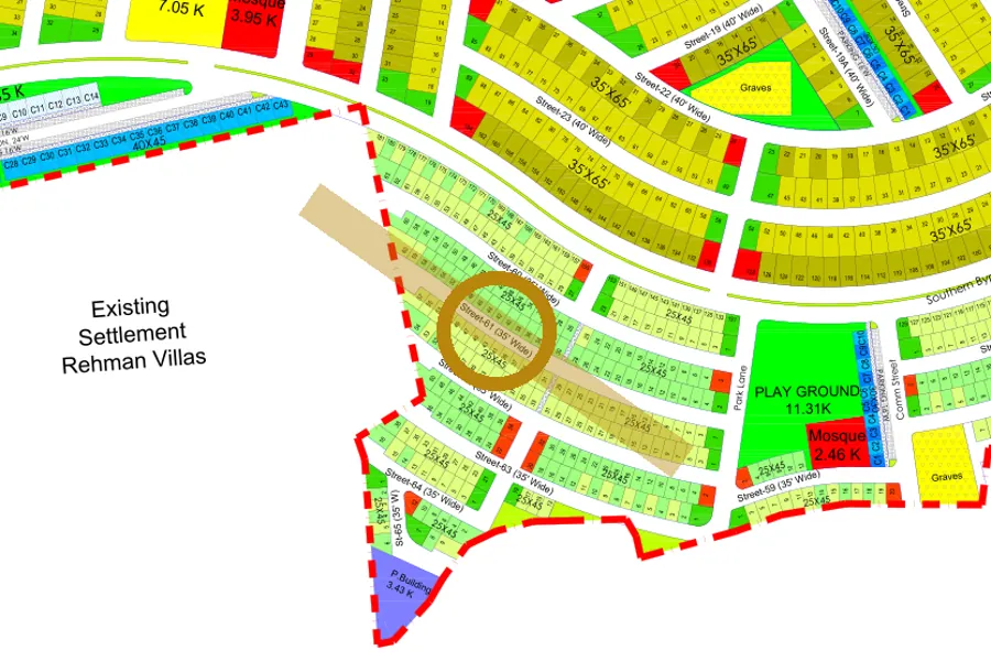 Street 61 in the South-East sector on the Margalla Enclave master plan, marked with a ring