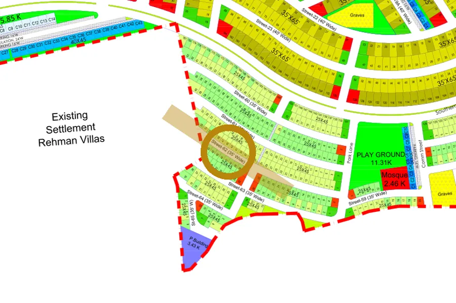 Street 62 in the South-East sector on the Margalla Enclave master plan, marked with a ring