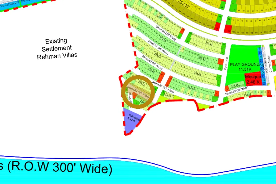 Street 64 in the South-East sector on the Margalla Enclave master plan, marked with a ring