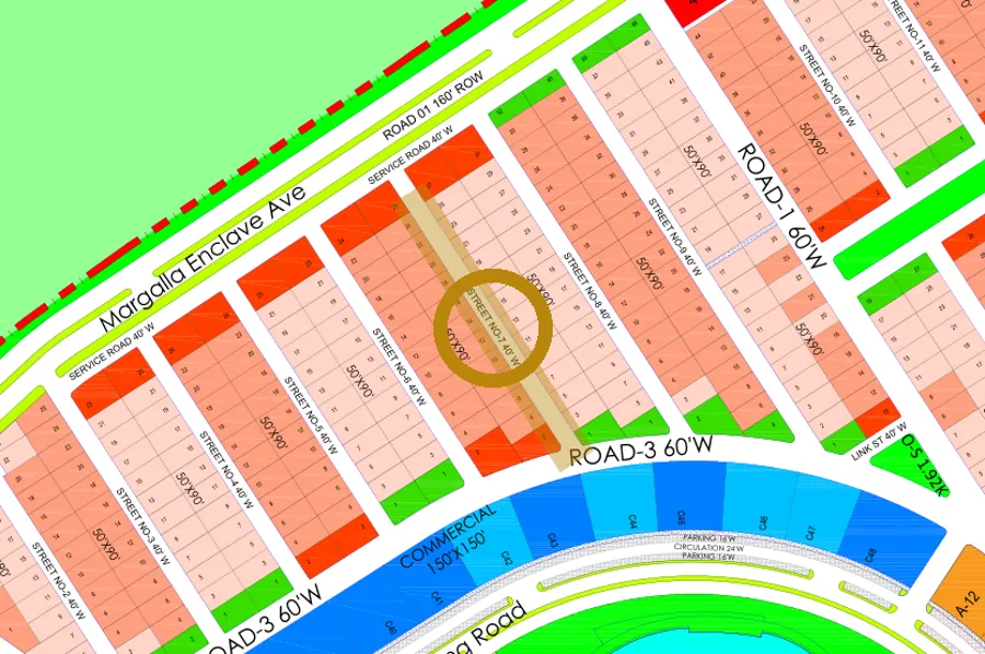 Street 7 in the North-East sector on the Margalla Enclave master plan, marked with a ring