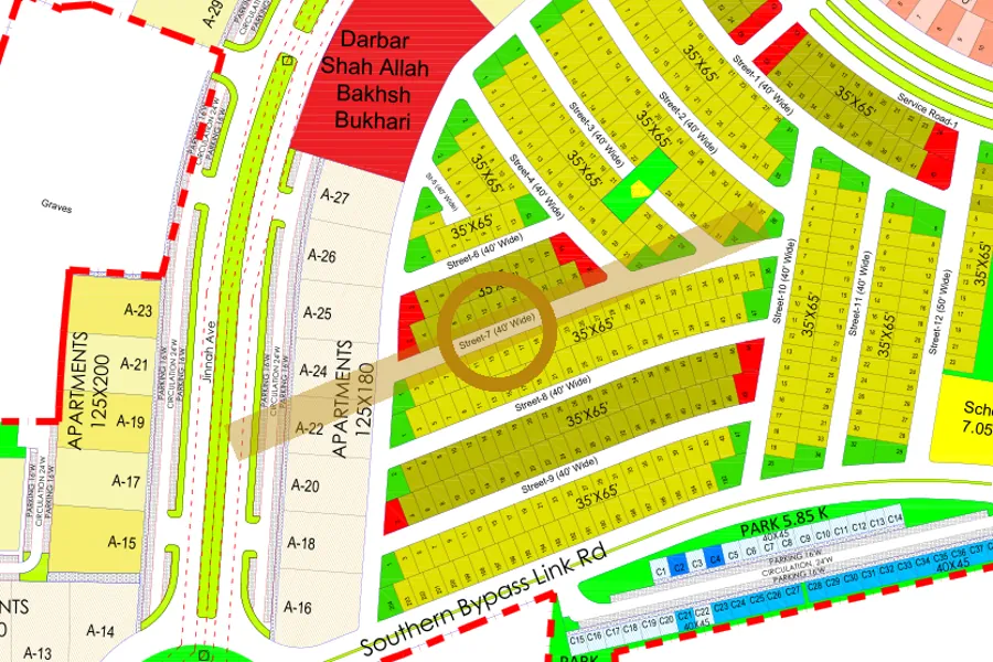 Street 7 in the South-West sector on the Margalla Enclave master plan, marked with a ring
